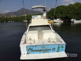 A rear view of the 'Champagne II' yacht, showcasing its sleek design against a scenic backdrop of lush greenery and mountains, perfect for a day on the water.