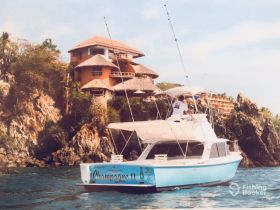 The 'Champagne II' boat is seen cruising near a picturesque coastal resort, showcasing its vibrant design against a backdrop of lush greenery and rocky cliffs.