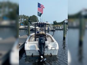 A sleek speedboat docked at the marina, showcasing its powerful engine and flags, perfect for fishing or leisure outings.
