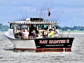 A lively group of anglers aboard the Bay Hunter II, enjoying a fishing trip on the water — perfect for group outings and fishing adventures.