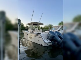 A sleek Grady-White boat docked peacefully, showcasing its stylish design and pristine condition — perfect for fishing or leisure outings.