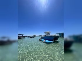 Guests enjoy a sunny day at the sandbar, relaxing on floating mats and swimming in crystal-clear waters — a perfect summer getaway.