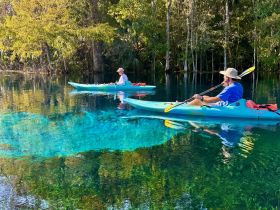 Two kayakers paddle through crystal-clear waters surrounded by lush greenery, showcasing the beauty of nature and outdoor adventure.