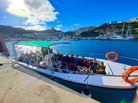 A lively group of guests enjoys a boat trip in a picturesque harbor, perfect for exploring coastal destinations and creating unforgettable memories.