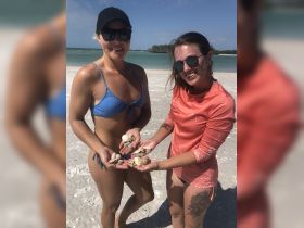 Two friends showcase their collection of beautiful seashells on a sunny beach, capturing the joy of a fun day by the water.