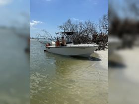 A group enjoys a sunny day on a boat, with one person in the water and others relaxing on deck — a perfect beach outing for family fun.