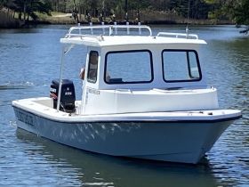 A side view of a motorboat cruising through calm waters, showcasing its sleek design and engine — perfect for fishing or leisurely outings.