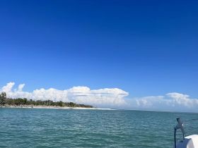 A picturesque view of a serene coastline with lush greenery and fluffy clouds, perfect for showcasing the beauty of a day on the water.