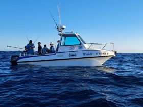 A group of friends enjoys a fishing trip aboard the boat 'Michelle,' casting lines into the open ocean for a day of adventure and camaraderie.