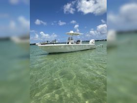 A sleek speedboat glides through clear waters, showcasing its design against a backdrop of a sunny sky and distant skyline — perfect for thrilling water adventures.