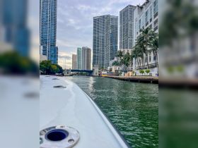 A scenic view of a waterway lined with modern skyscrapers, showcasing the vibrant urban landscape from a boat perspective.