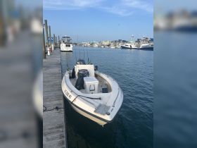 A speedboat docked at the marina, showcasing its sleek design against a backdrop of other vessels and a clear blue sky.