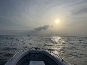 A serene view from the front of a boat as it navigates through calm waters at sunset, creating a picturesque scene perfect for evening cruises.