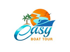 Logo design for 'Easy Boat Tour' featuring a boat silhouette, palm trees, and a sunset — ideal for branding and promotional materials.
