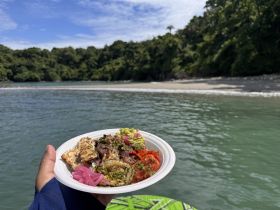 A delicious plate of grilled food is showcased against a scenic backdrop of lush greenery and calm waters, perfect for a memorable dining experience on the water.