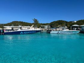Two sleek speedboats named 'AQUASHORES' docked in crystal-clear turquoise waters, showcasing the perfect setting for aquatic adventures.