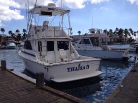 The THAISA II is docked at a marina, showcasing its structure against a backdrop of palm trees and other vessels — ideal for fishing charters or leisure cruises.