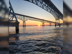 A stunning sunset view beneath a bridge, reflecting beautifully on the water — a perfect scene for evening boat rides and scenic photography.