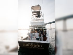 A lively group celebrates aboard the MOONDOG in Clearwater Beach, showcasing the perfect atmosphere for a fun day on the water.