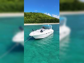 A stunning view of a yacht anchored in crystal-clear turquoise waters, surrounded by lush greenery — perfect for a day of relaxation on the water.