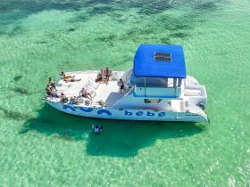A lively group enjoys a day on the water aboard a pontoon boat, soaking up the sun and swimming in the clear turquoise waters — the perfect setting for a fun-filled outing.
