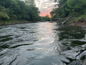 A scenic view of a riverbank at sunset, with reflections on the water. The image lacks clarity and detail.