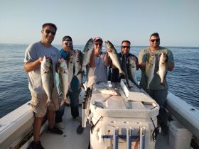 A group of friends proudly displays their impressive catch of fish aboard a boat, showcasing a successful day of fishing on the water.