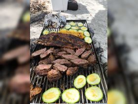 A delicious spread of grilled meats and vegetables on a barbecue, perfect for a beachside feast or onboard dining experience.