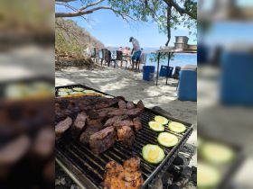 A delicious barbecue spread featuring grilled meats and vegetables, set up on the beach with guests enjoying the scenic waterfront. Perfect for catering on boat trips or beach outings.