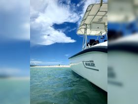 A stunning view of a Boston Whaler boat gliding through clear waters, framed by a beautiful sky and distant sandy shore — perfect for a day of adventure on the water.