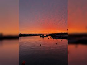 A stunning sunset over a tranquil harbor, featuring boats gently bobbing in the water — a picturesque scene perfect for evening reflections and coastal adventures.