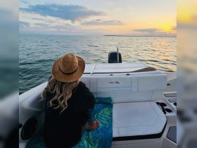 A serene sunset view from a Sea Ray boat, featuring a woman relaxing on the deck, perfect for unwinding and enjoying the beauty of the open water.