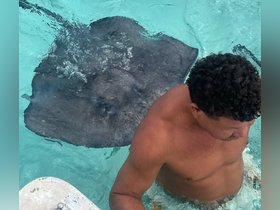 A man interacts with a stingray in shallow waters, showcasing a unique wildlife experience that highlights the beauty of marine life.