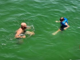 A man and a child enjoy swimming together in vibrant green waters, showcasing a fun and engaging water activity perfect for family outings.