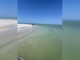 A group of friends strolls along a picturesque beach, enjoying the serene coastline and clear skies — a perfect day for beachcombing and relaxation.