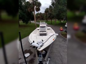 A clear view of a speedboat parked on a trailer, showcasing its sleek design and features, set against a backdrop of palm trees.