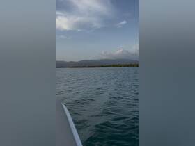 A scenic view of water and distant mountains, but the image lacks clarity and focus.