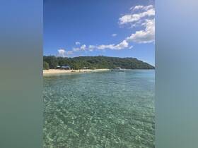 A picturesque view of a beach with clear waters and lush greenery, featuring people enjoying the sun and sand — a perfect destination for relaxation and fun in the sun.