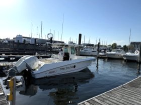 A speedboat is docked at the marina, showcasing its sleek design against a backdrop of other vessels and a clear blue sky.