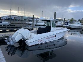 A sleek speedboat named 'Steal Your Fish' docked at a marina, showcasing its modern design and reflection in the calm waters.