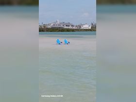 An unclear image featuring two blue chairs in shallow water, with a backdrop of buildings. The scene lacks clarity and identifiable subjects.