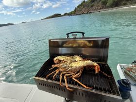 A delicious lobster grilling on a barbecue aboard a boat, showcasing the perfect amenities for a gourmet experience on the water.