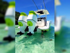 A sleek speedboat captured from the back, showcasing its powerful twin engines against a backdrop of crystal-clear waters — perfect for thrilling adventures on the sea.