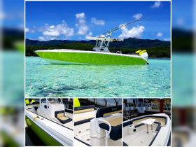 A vibrant green speedboat anchored in crystal-clear waters, showcasing its sleek design and inviting atmosphere for water adventures.