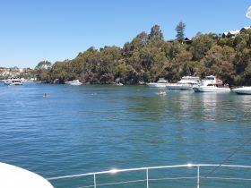 A picturesque view of a waterway with several boats anchored and people swimming nearby, showcasing a vibrant day on the water.