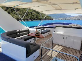 A beautifully designed interior of a yacht featuring comfortable seating and a stylish helm area, perfect for relaxing while enjoying the stunning views of turquoise waters.