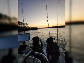 Two friends enjoy a fishing trip at sunset, capturing the moment on their phones while surrounded by tranquil waters — a perfect blend of relaxation and adventure.