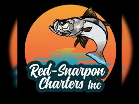 Logo of Red-Snapron Charters Inc featuring a stylized fish against a sunset backdrop, ideal for fishing charter promotions.