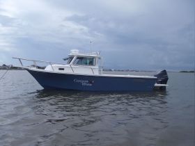 A side view of the 'Canyon Wren' boat anchored in calm waters, showcasing its sleek design and perfect for fishing or leisure outings.