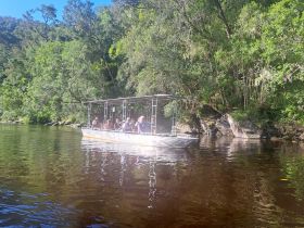 A group enjoys a scenic boat ride along a tranquil river, surrounded by lush greenery — perfect for nature lovers and adventure seekers.